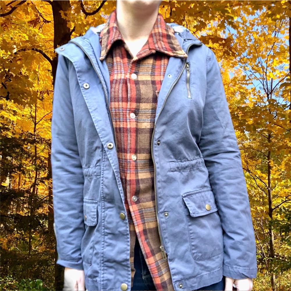 Autumn Jacket with Plaid Elbow Patches and Hood Lining, Size S